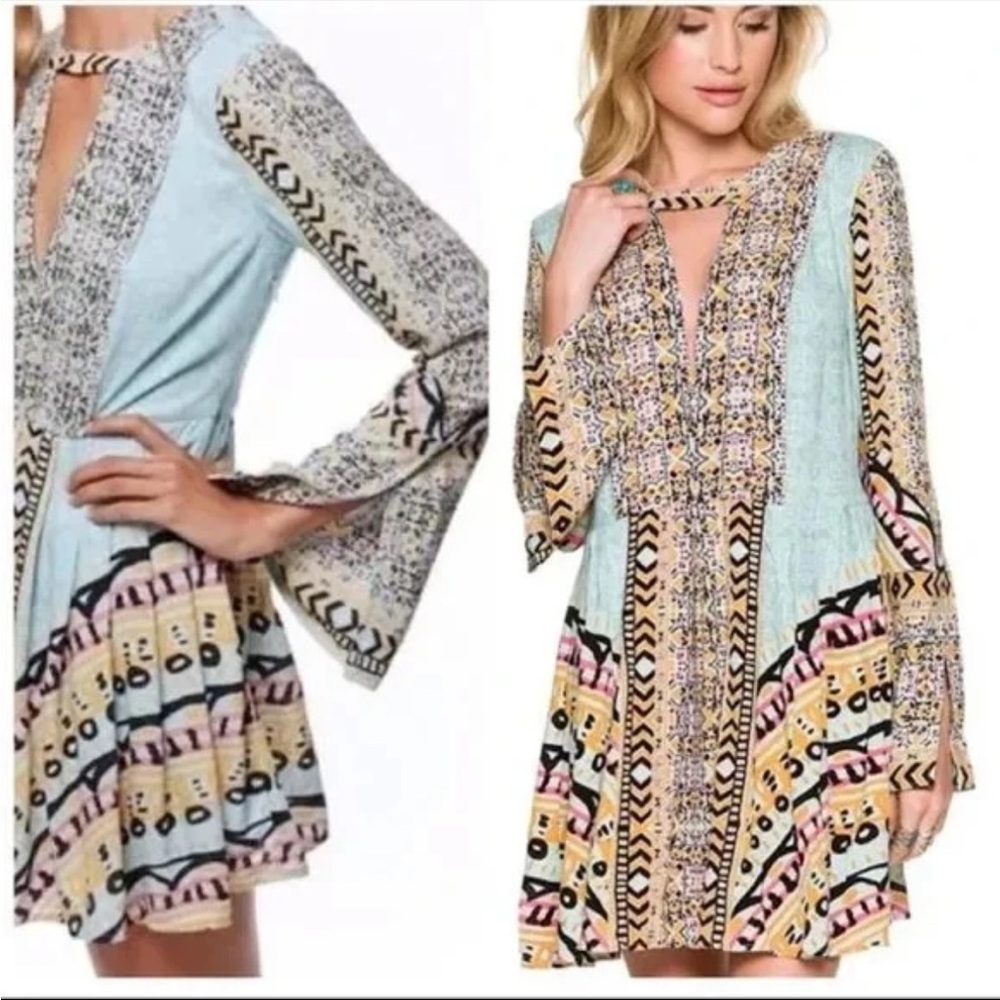 Free People Women's Blue Tegan Border Printed Mini Dress size 6 - Picture 3 of 10